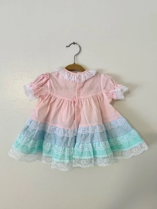 Vintage Baby Girl 6-9m Dress &Bloomer Set Roanna Pink Blue Ditzy Floral Lace 80s - Picture 4 of 14